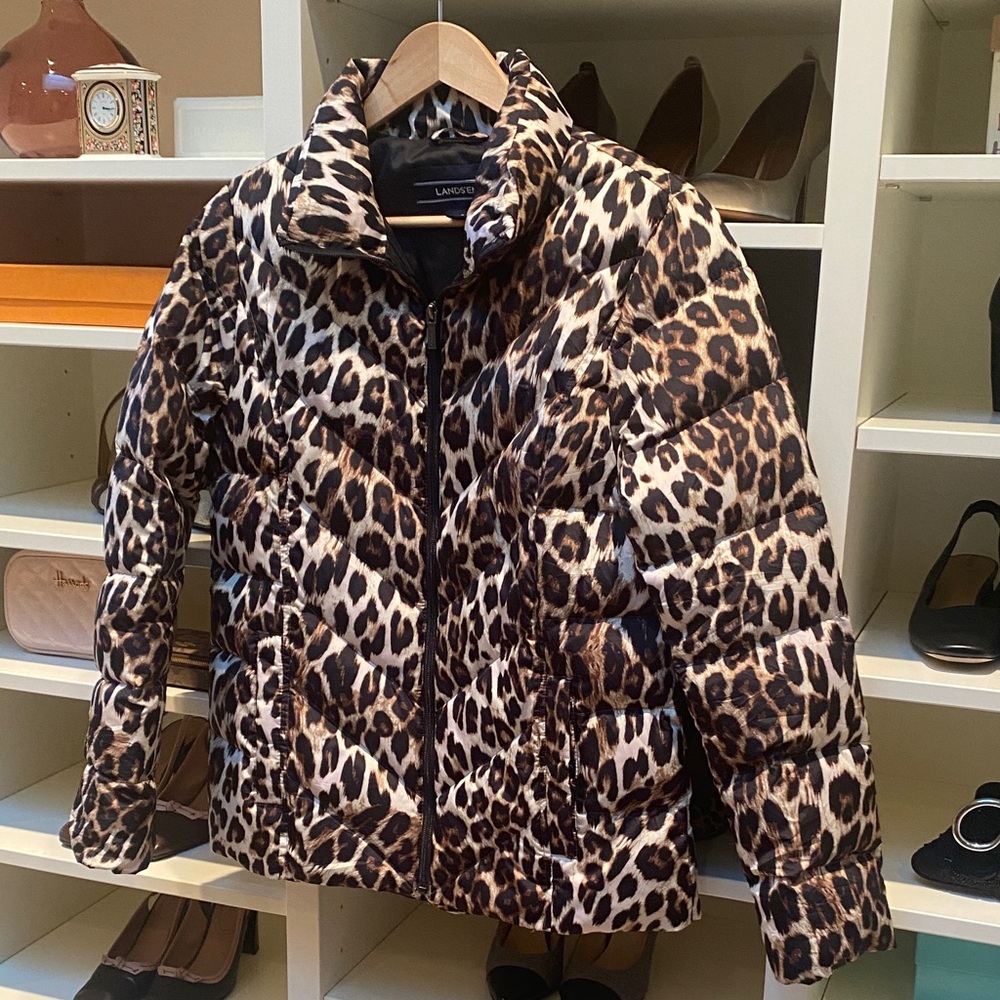 Lands' End Women's Leopard Print Puffer Jacket. Like NEW! Size S.